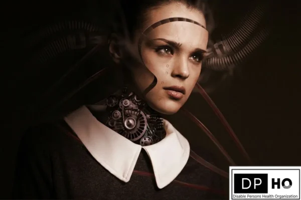 Close-up of a human eye with a detailed iris, illustrating the biological process of how a blind person cries emotional tears, featuring the DPHO logo.