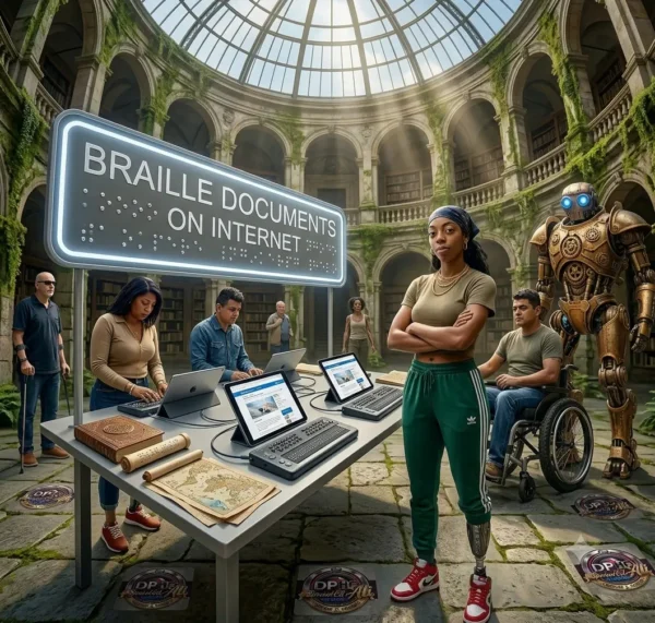 An empowering, futuristic digital illustration titled "BRAILLE DOCUMENTS ON INTERNET," set inside a majestic, historic stone library with a large glass dome ceiling and vine-covered arches. In the foreground, a confident young woman stands with crossed arms, wearing a t-shirt, green Adidas track pants, red and white sneakers, and a prosthetic left leg. Next to her, a long gray table displays several refreshable Braille displays connected to tablets and laptops, where a woman and a man are actively typing. To the right, a man in a wheelchair works at a station alongside a towering brass steampunk robot companion with glowing blue eyes, while an older man with dark glasses and a cane walks in the background. A large neon sign displays the main title with simulated tactile Braille dots below the text, and multiple circular Special Ed Expert Ali and DPHO branding medallions are embedded across the stone floor tiles.