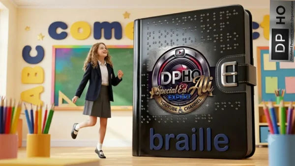 A whimsical classroom scene featuring a young girl in a school uniform skipping happily next to an oversized, textured black book, representing how Individuals Read Braille. The book is adorned with raised tactile dots and features a large, metallic 'Special Ed Ali Expert' channel emblem on its cover. The word 'braille' is written in blue at the bottom of the book, and the background shows a colorful, child-friendly learning environment with pencils and a chalkboard, symbolizing accessible literacy.