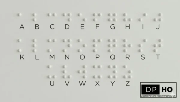Braille alphabet chart featuring tactile raised dots corresponding to letters A through Z, with the Disable Persons Health Organization (DP-HO) logo in the bottom right corner educational resource for visual impairment and tactile literacy.
