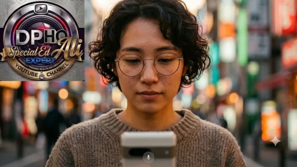 A YouTube thumbnail featuring a person with short curly hair and round glasses looking down at a smartphone. The background is a softly blurred city street with bokeh lights. In the top left corner is a circular, metallic logo for 'DPHO Special Ed Expert' with a camera lens graphic and the text 'YOUTUBE CHANNEL.' The image conveys the topic: 'Living Without Sight, Debunking Myths and Understanding the Authentic Experiences of the Visually Impaired.