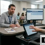 A professional setting for Reporting SSA Fraud in 2026 showing a claimant in a wheelchair using a tablet to access the official SSA Fraud Reporting Portal. An expert staff member provides guidance, highlighting the secure and accessible nature of disability abuse investigations, branded by Special Ed Expert Ali and DP-HO.