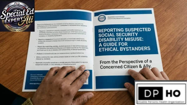 A first-person perspective photograph showing a person's hands holding open a professional-looking printed booklet on a wooden table.