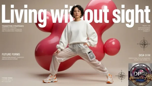 A stylized YouTube thumbnail featuring a person in modern, casual clothing posing in front of large, abstract pink balloon-like shapes against a neutral background. The text 'Living without sight' is displayed in a large, bold font across the top. Surrounding the subject are various text blocks related to 'Transition Strategies' and 'Future Forms.' In the bottom right corner is the circular, metallic logo for 'DPHO Special Ed Expert' featuring a camera lens graphic and the text 'YOUTUBE CHANNEL.' A compass rose graphic appears on both the right and bottom right of the image.