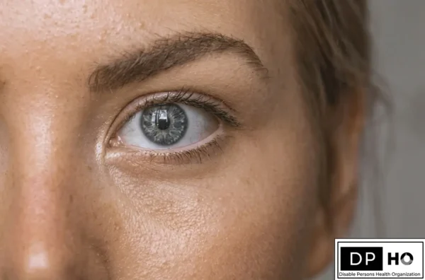 Close-up of a human eye with a detailed iris, illustrating the biological process of how a blind person cries emotional tears, featuring the DP-HO logo