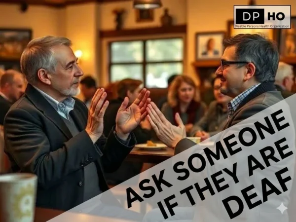 A medium shot photograph featuring two middle-aged men in suits facing each other across a wooden table in a busy, warm pub setting. The man on the left, with grey hair and beard, and the man on the right, with dark hair and glasses, are actively signing, their open hands held towards each other in gesture. Background people are softly blurred, indicating other patrons and decor. The atmosphere is respectful and engaged. In the upper-right corner is the complete black and white DP HO Disable Persons Health Organization website logo. Overlaying the bottom-right corner is a large, translucent, diagonal white text band containing the bold, black text 'ASK SOMEONE IF THEY ARE DEAF', with a faint diamond-shaped accent. The focus is sharp on the two main subjects, conveying connection and respectful communication etiquette."