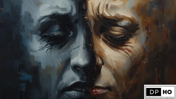 An expressive oil-painting style illustration depicting the internal struggle of depression and anxiety, showing a face divided into a dark, blue-toned side representing despair and a warmer, textured side representing hidden inner turmoil. The DP HO Disable Persons Health Organization logo is positioned in the bottom-right corner, highlighting mental health advocacy.
