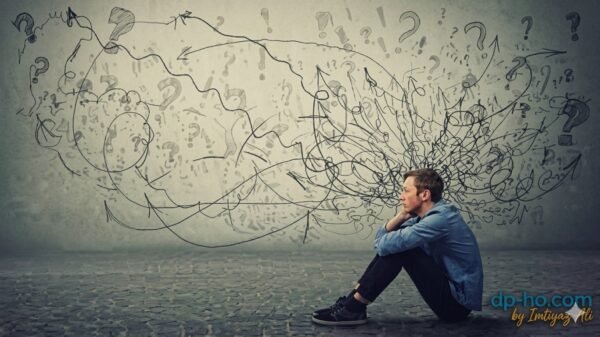 An expressive oil-painting style illustration depicting the internal struggle of depression and anxiety, showing a face divided into a dark, blue-toned side representing despair and a warmer, textured side representing hidden inner turmoil. The DP HO Disable Persons Health Organization logo is positioned in the bottom-right corner, highlighting mental health advocacy.