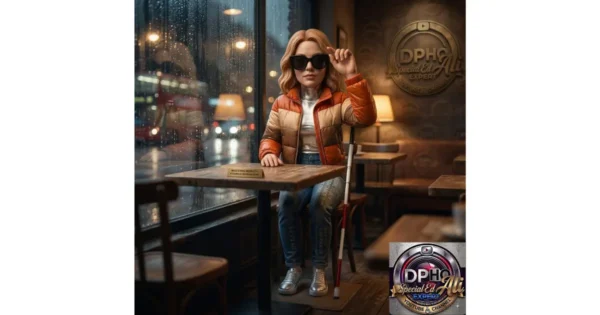 In this image from "guide-to-depression.webp," a stylized figure sits contemplatively at a cafe table beside a rainy window, holding a white cane. This scene serves as a thoughtful Guide to Depression, acknowledging the emotional challenges one might face while on their journey. The setting includes the "DP-HO Special Ed Ali Expert" branding in the background, underscoring the organization's commitment to supporting individuals through all aspects of their well-being and personal growth.