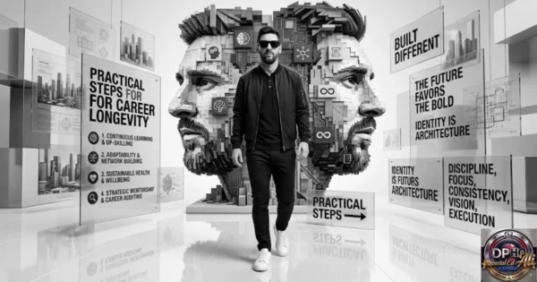 In this image from "practical-steps-for-career-longevity.webp," a stylishly dressed man in sunglasses walks forward, positioned in front of a massive, intricate sculpture of a human head built from technological and architectural blocks, serving as a visual metaphor for professional growth and **Practical Steps for Career Longevity**. Translucent glass panels surround him, displaying motivational text and a structured list of actionable steps: 1. Continuous Learning & Up-Skilling, 2. Adaptability & Network Building, 3. Sustainable Health & Wellbeing, and 4. Strategic Mentorship & Career Auditing. The composition, anchored by the "DP-HO Special Ed Ali Expert" branding in the corner, emphasizes a disciplined and strategic approach to building a sustainable and future-proof career.