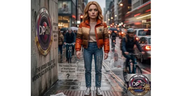 In this image from guide-to-depression.webp, a character is shown sitting alone at a cafe table by a rain-streaked window, evoking the introspection often associated with The Hidden Reality of Workplace Mental Health. The scene features the character with a white cane and sunglasses, while branded 'DP-HO Special Ed Ali Expert' logos are displayed, framing a quiet, reflective moment that highlights the importance of mental wellness and support in a professional and personal context.