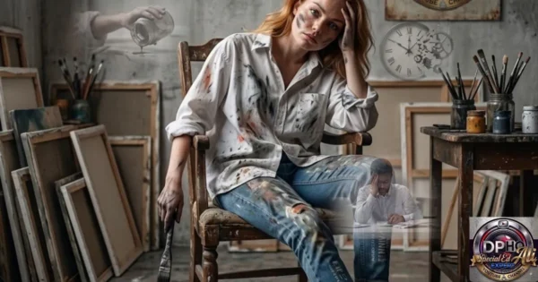 In this image from "understanding-the-impact-of-depression-and-career-sustainability.webp," a weary artist sits in a studio surrounded by canvases, visibly struggling with the emotional weight of their work, illustrating the theme of understanding the impact of depression and career sustainability. A smaller, translucent image of a professional sitting at a desk and holding their head in frustration is superimposed over the artist's lap, emphasizing the intersection of mental health challenges and professional life. The scene is anchored by the "DP-HO Special Ed Ali Expert" branding, highlighting a commitment to addressing these complex psychological and career-related issues.