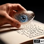 A close-up image showing a hand holding a stylized glass eye piece with a blue pupil and intricate patterns, positioned over a page covered with raised dots, with the logo of the Disable Persons Health Organization (DP HO) in the bottom right corner, as a person who is blind reads braille.
