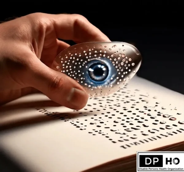 A close-up image showing a hand holding a stylized glass eye piece with a blue pupil and intricate patterns, positioned over a page covered with raised dots, with the logo of the Disable Persons Health Organization (DP HO) in the bottom right corner, as a person who is blind reads braille.