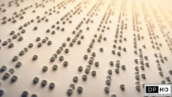 A close-up photograph showing multiple lines of raised dots on a textured page with warm lighting, featuring the DP HO Disable Persons Health Organization logo in the bottom right corner, as a blind person reads Braille.