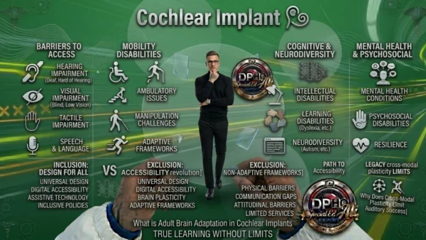A YouTube thumbnail featuring a woman with short curly dark hair and amber-tinted glasses, wearing a black turtleneck and coat, looking thoughtfully at the viewer. Beside her are three illustrated cards depicting diverse accessibility icons: a person in a wheelchair, a vision impairment symbol, and a hearing aid icon. The title reads 'DISABILITY TYPES EXPLAINED: HOW TO FOSTER INCLUSION AND ACCESSIBILITY.' In the top left corner is the circular, metallic logo for 'DPHO Special Ed Expert' featuring a camera lens graphic and the text 'YOUTUBE CHANNEL.