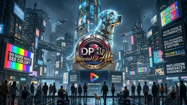 A futuristic cyberpunk cityscape at night featuring a colossal skyscraper shaped like a guide dog, with digital billboards displaying the question: Do Guide Dogs See Color? and educational text about canine dichromatic vision