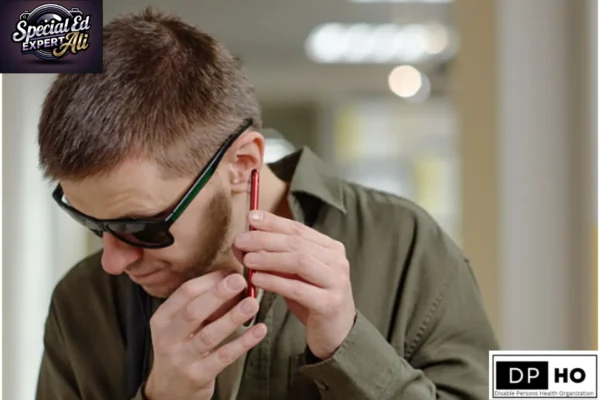 This image features a man with a beard and glasses wearing a dark suit, a red patterned tie, and a white baseball cap with a black logo. He is positioned in front of a wall that has a poster on it, and the bottom right corner of the image includes a logo for the "Disable Persons Health Organization" (DP HO).