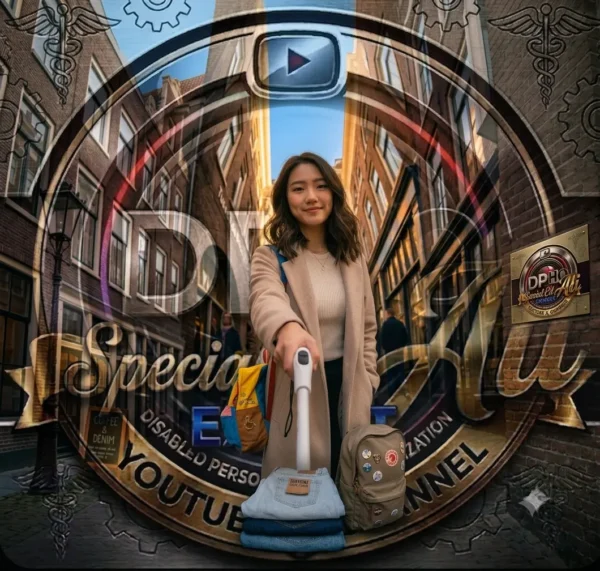 A promotional graphic titled Mastering Mobility, featuring a young woman standing confidently in a narrow European-style street, holding a mobility aid. The image is framed by a circular emblem for the 'Special Ed Ali' YouTube channel, which includes a play button icon and the text 'Disabled Persons Health Organization.' The scene combines elements of personal independence and travel, symbolizing the journey toward empowerment and accessibility.