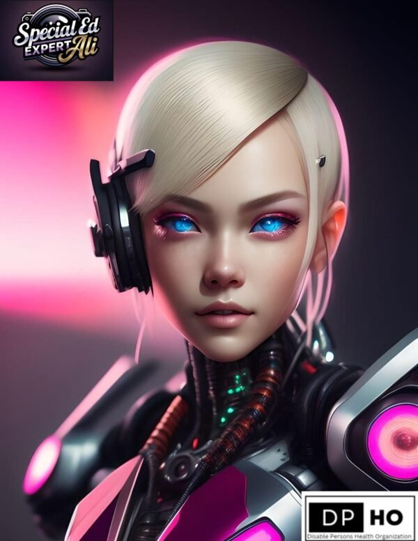 A futuristic, high-tech portrait of a person with glowing blue eyes and a sleek, mechanical headset, illustrating the transformative moment when people hear for the first time through advanced neural or bionic technology. The person is depicted as a cyborg with glowing pink accents and integrated circuitry. The image features the "Special Ed Expert Ali" and "DP HO (Disable Persons Health Organization)" logos, highlighting the intersection of special education expertise and cutting-edge auditory innovation for 2026.