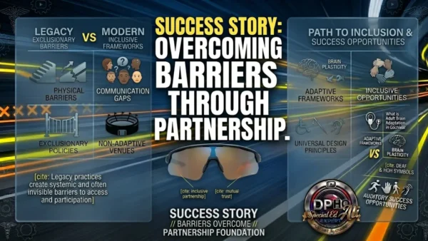 A YouTube thumbnail titled 'SUCCESS STORY: OVERCOMING BARRIERS THROUGH PARTNERSHIP.' The image shows a smiling woman walking confidently with a white cane, accompanied by a yellow Labrador guide dog in a harness. Overlaid text boxes highlight key components: 'Evidence-Based Care Plans,' 'Navigational Support,' 'Personalized Navigation,' and 'Community Support.' The 'DPHO Special Ed Expert' circular logo is prominently displayed in the top right corner.