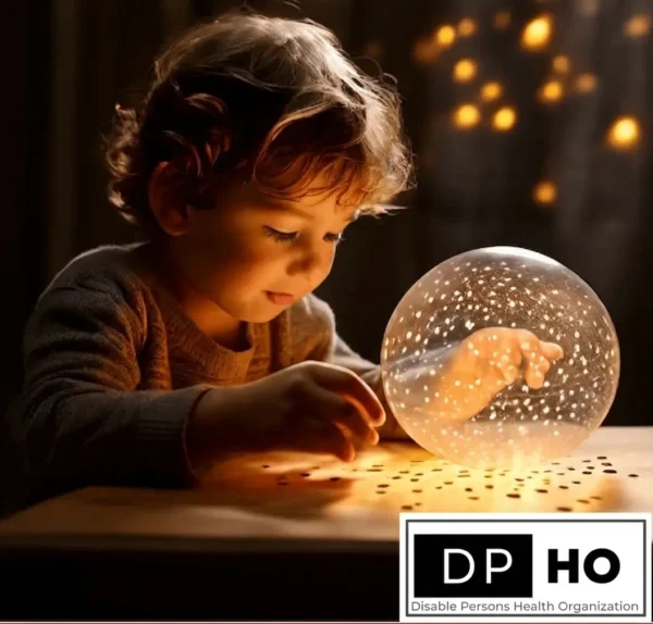 A young child with light skin and short curly hair wears a light brown knit sweater as they read. The child is focused downwards and sits at a wooden desk with their hands slightly hovering just above it, positioned directly in front of the clear bubble containing small glowing lights. Within this large luminous bubble, the child's right hand touches and feels the glowing pinpricks of light, resembling braille texture. The background features scattered yellow bokeh lights on black and the bottom right corner of the wooden desk includes a rectangular logo for Disable Persons Health Organization.