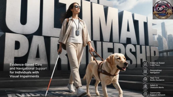 A cinematic photograph showing a woman walking confidently with a white cane, accompanied by her yellow Labrador guide dog wearing a harness. In the background, large 3D architectural letters spell out 'ULTIMATE PARTNERSHIP.' A sidebar on the right lists key services: 'Evidence-Based Care Plans,' 'Personalized Navigation,' 'Real-Time Audio Guidance,' 'Safety & Obstacle Alerts,' and 'Community Support Network.' The top right corner features the circular 'DPHO Special Ed Expert' logo.