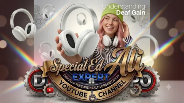 An eye-catching promotional graphic for the 'Special Ed Ali' YouTube channel, focused on the concept of Understanding Deaf Gain. The image features a smiling woman with pink hair and a green beanie, holding a pair of white wireless headphones. The background includes floating white headphones, subtle gear motifs, and a soft rainbow arc. A prominent, ornate gold and metallic emblem at the bottom displays the text 'Special Ed Ali EXPERT,' along with a small microphone icon and a wheelchair symbol, identifying it as a 'Disabled Persons Health Organization' channel."