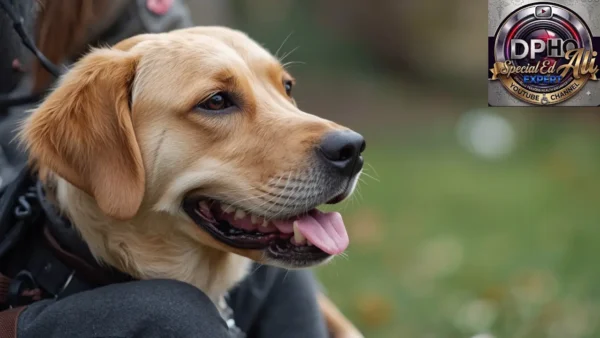 A close-up profile view of a yellow Labrador retriever wearing a service harness, looking to the side with a gentle and attentive expression. In the top right corner is the metallic circular logo for 'DPHO Special Ed Expert.' This image serves as a visual representation of a thriving partnership between a handler and their assistance animal.