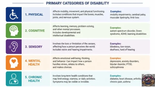 A YouTube thumbnail featuring a woman with short curly dark hair and amber-tinted glasses, wearing a black coat and turtleneck, standing in an industrial-style workspace. The background is divided into sections with bold, modern text reading: 'What Are the Primary Categories' and 'How Are Disability Types Explained.' To the left, a circular, metallic logo for 'DPHO Special Ed Expert' with a camera lens graphic is displayed. The image conveys a professional, educational tone focused on disability awareness and categorization.