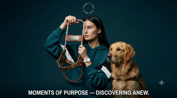A professional studio photograph featuring a woman with long dark hair wearing a teal hoodie, holding up a brown leather guide dog harness with both hands. Sitting attentively beside her is a golden retriever wearing a matching harness. The background is a solid, deep teal-blue. At the top center, a circular logo reads 'DISABILITY AND GUIDE DOGS.' At the bottom, white text reads: 'MOMENTS OF PURPOSE — DISCOVERING ANEW.