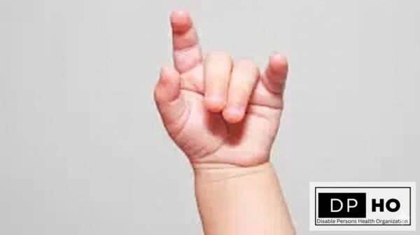 A close-up photograph of a young child’s hand forming the American Sign Language letter ‘I’ against a neutral grey background. The bottom-right corner features the DP HO Disable Persons Health Organization website logo.