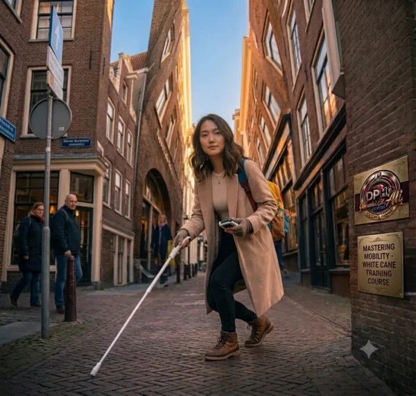 A young woman confidently navigating a narrow, historic cobblestone street using a white cane, illustrating the concept of Mastering Mobility. This scene from 'White Cane Training.webp' shows her in a tan coat and backpack, moving independently through an urban environment. Mounted on a brick wall to the right is a plaque for the 'DPHO Special Ed Ali' organization, with signage clearly stating: 'Mastering Mobility - White Cane Training Course.