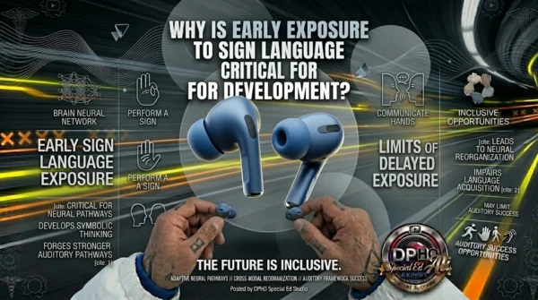 A high-tech, educational YouTube thumbnail exploring why early exposure to sign language is critical for development. The central image features a pair of blue wireless earbuds held by hands, set against a motion-blurred background of data streams. Text on the left highlights 'Early Sign Language Exposure' and its benefits for 'Brain Neural Networks' and 'Symbolic Thinking.' Text on the right discusses the 'Limits of Delayed Exposure,' including potential impacts on 'Language Acquisition' and 'Auditory Success.' In the bottom right corner, the circular 'DPHO Special Ed Expert' YouTube channel logo is displayed, along with the slogan 'THE FUTURE IS INCLUSIVE.