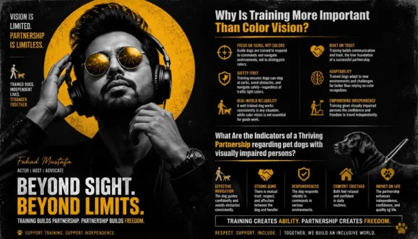 An educational infographic titled 'Why Is Training More Important Than Color Vision?'. The left side features a high-contrast portrait of actor Fahad Mustafa wearing sunglasses and headphones against a yellow background, with the inspirational text: 'Vision is limited. Partnership is limitless.' The right side provides two informational sections: the top section details six reasons why training is essential for guide dogs, such as safety and reliability over color recognition; the bottom section, titled 'What Are The Indicators of a Thriving Partnership,' lists five signs of a successful bond between a visually impaired person and their guide dog, including effective navigation and mutual trust. The footer states: 'Training creates ability. Partnership creates freedom.