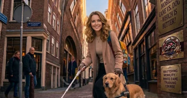 In this scene from cane-vs-dog-which-is-better-for-the-blind.webp, a smiling woman walks down a historic cobblestone street accompanied by her golden retriever guide dog while using a white cane, showcasing the process of Mastering Mobility. On the brick wall to her right, plaques display 'DPHO Special Ed Ali' branding and indicate a 'Mastering Mobility - White Cane Training Course,' highlighting the balance between different tools for independent navigation.