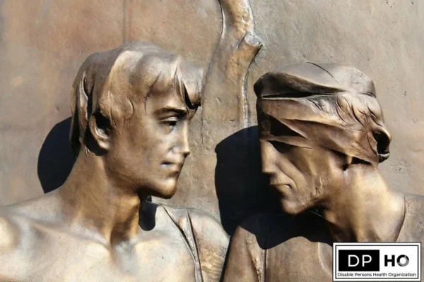DPHO advocacy image showing a historical bronze art piece of a blind man, symbolizing the importance of assistive technology that enables the blind read Braille in an inclusive society.