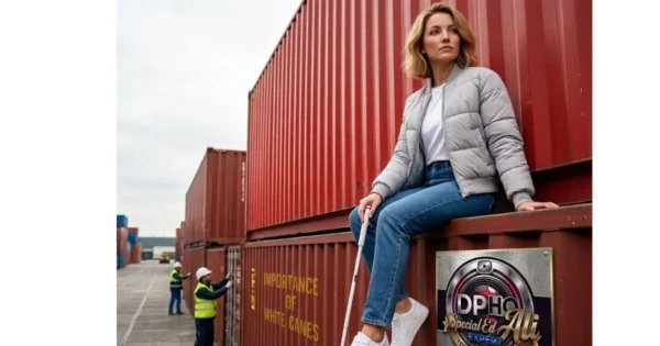 In this scene from the-importance-of-white-canes.webp, a woman sits atop a large red shipping container, holding her white cane, symbolizing the confidence involved in Mastering Mobility. The image, which features 'DP-HO Special Ed Ali Expert' branding, depicts an industrial setting with workers in the background, underscoring the importance of accessibility tools in diverse environments.