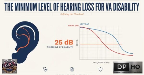 An educational infographic titled "The Minimum Level of Hearing Loss for VA Disability: Defining the Threshold." The image features a stylized icon of an ear on the left, next to the text "25 dB THRESHOLD OF DISABILITY." On the right, a graph plots hearing loss in dB HL against frequency (Hz) for the left and right ears, showing how they relate to the 25 dB threshold. The bottom of the image includes branding for "Special Ed Expert Ali" and the Disabled Persons Health Organization (DP-HO).