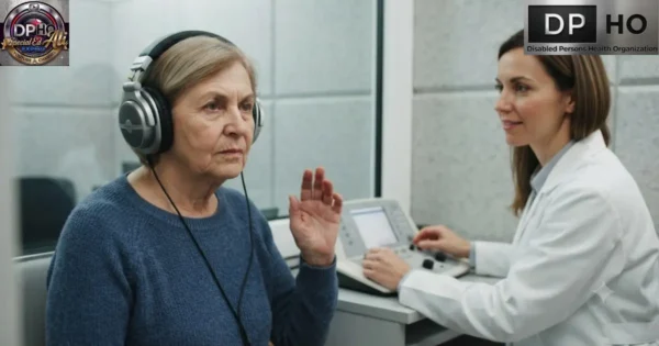 An elderly woman wearing headphones during a hearing test in a clinical setting, raising her hand to indicate the-minimum-level-of-hearing she can detect while an audiologist monitors the equipment.