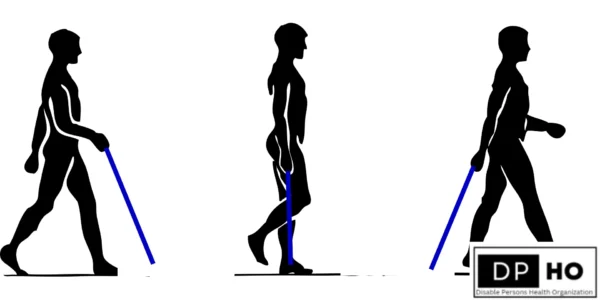 A professional silhouette diagram illustrating the 'Two-Point Touch' technique, demonstrating how blind persons use a cane for spatial orientation and obstacle detection. The three-step sequence shows the rhythmic sweeping motion essential for safe, independent mobility. Features the DP-HO (Disable Persons Health Organization) branding.