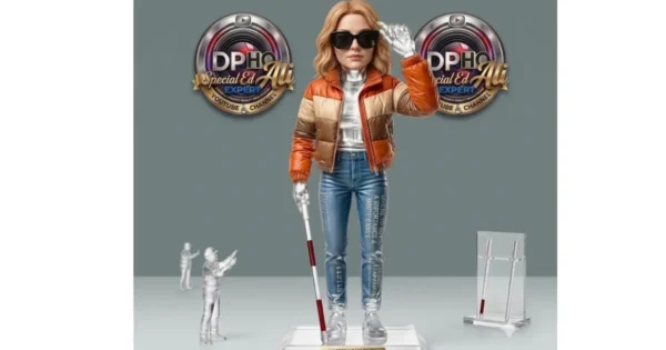 In this image from "what-does-it-mean-when-a-cane-has-a-red-band-in-the-uk.webp," a stylized character is shown holding a white cane with a red band, representing the importance of specialized tools in Mastering Mobility. The character stands before two "DP-HO Special Ed Ali Expert" emblems, accompanied by small figures and a display of canes, illustrating the significance of cane markings for independent navigation and accessibility.