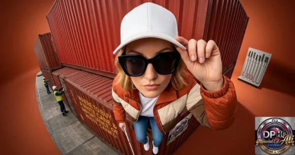 In this image titled 'where-to-buy-a-white-cane.webp,' a woman wearing a white cap and sunglasses poses in front of stacked shipping containers, holding a white cane as part of her journey toward Mastering Mobility. To her right, a display showcases various white canes, while the 'DP-HO Special Ed Ali Expert' emblem is visible in the bottom corner, emphasizing the importance of accessible resources for independent living.