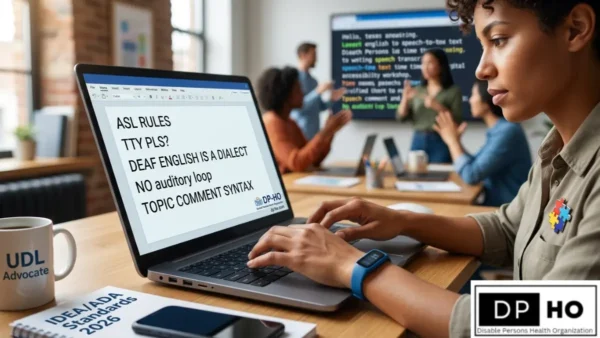 A woman actively engaging in online communication with unique typing patterns typical of the Deaf community, showcasing 'Bimodal Bilingualism' and 'Topic-Comment syntax' as outlined in the 2026 linguistic perspective. This image illustrates why deaf people often not type things normally, highlighting the role of 'Orthographic Mapping' and the 'Auditory loop' in their distinct text outputs. The foreground computer displays key concepts like 'Deaf English is a Dialect', providing context for their communication styles. Subtle references to 'IDEA/ADA Standards 2026' and 'UDL Advocate' on nearby objects (mug and notebook) link the visual to the legal and accessibility framework discussed in the article. This serves as the optimized alt text for the main image of the blog post, focusing on digital accessibility and inclusive e-governance.