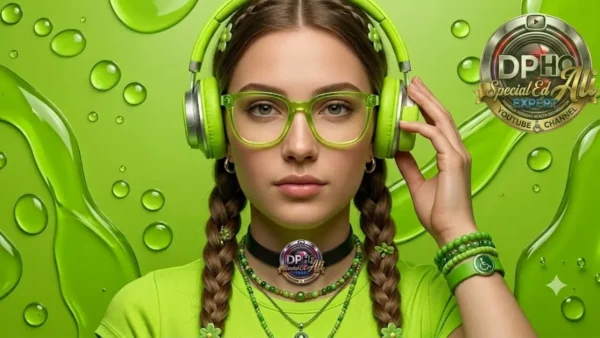 A vibrant, monochromatic neon-green educational graphic addressing invisible illnesses and the focus theme of the Most Commonly Faked Disability. The image features a close-up portrait of a young woman with her hair styled in two long braids, looking forward with a neutral expression. She wears transparent neon-green glasses, large green over-ear headphones, a green t-shirt, beaded necklaces, and green wristbands, including one with a subtle wheelchair accessibility icon. The background features a glossy, textured neon-green surface covered in stylized liquid droplets. The banner is professionally branded with a custom metallic circular emblem in the top-right corner combining the DPHO (Disabled Persons Health Organization) and Special Ed Expert Ali YouTube Channel logos, alongside a smaller matching pendant on her choker necklace.
