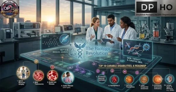 A scientific visualization in a laboratory setting titled 'The Biologic Revolution,' showcasing a digital interface that outlines GLP-1s, gene therapy, and a roadmap of the Top 10 Curable Disabilities, including conditions like Spinal Muscular Atrophy and Hemophilia A, with the Special Ed Expert Ali YouTube channel logo and the Disabled Persons Health Organization (DP-HO) logo visible.