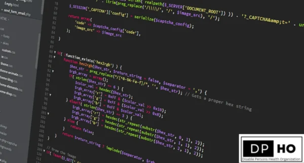 A close-up view of a computer screen displaying PHP and CSS code with syntax highlighting, serving as a metaphor for the complex 'coding' behind human language. This visual represents the systemic rules that explain why deaf people often not type things normally by illustrating how different linguistic architectures (like Sign Language syntax) function like different programming languages. The DP-HO (Disable Persons Health Organization) logo is featured in the lower right corner.