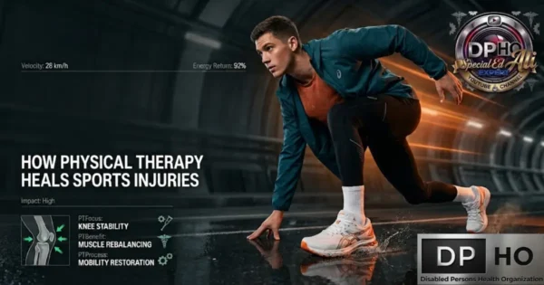 In this image from "how-physical-therapy-heals-sports-injuries.webp," an athlete is captured in a dynamic starting pose, serving as a powerful illustration of how physical therapy heals sports injuries. The graphic details the focus of physical therapy with categories such as "Knee Stability," "Muscle Rebalancing," and "Mobility Restoration," all framed by the "DPHO Special Ed Ali Expert" branding to highlight the role of rehabilitation in restoring high-impact athletic performance.