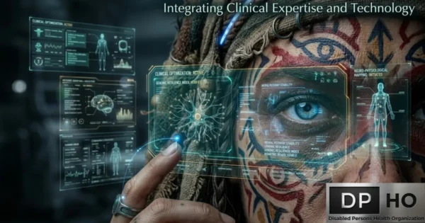 A close-up, futuristic visual titled 'integrating-clinical-expertise-and-technology.webp' showing a person with intricate facial markings interacting with a holographic medical interface that displays genomic and neuro-physiological data, featuring the DP-HO Disabled Persons Health Organization logo in the corner."