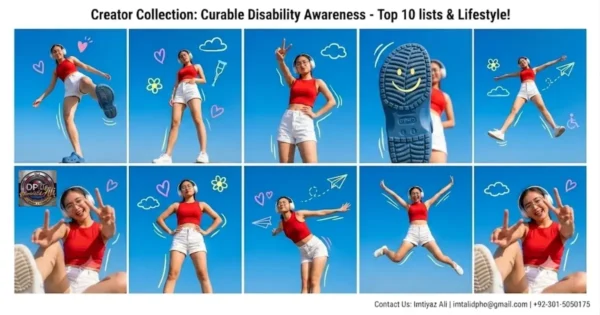 In this image titled "top-10-curable-disabilities.webp," a collage of a young woman in a red top and white shorts is displayed against a clear blue sky, featuring playful hand-drawn doodles of hearts, clouds, and flowers to promote awareness of **top-10-curable-disabilities**. The creator collection includes vibrant action shots and poses, anchored by the "Special Ed Expert Ali" branding and contact information for Imtiyaz Ali, emphasizing a positive and lifestyle-focused approach to disability education.
